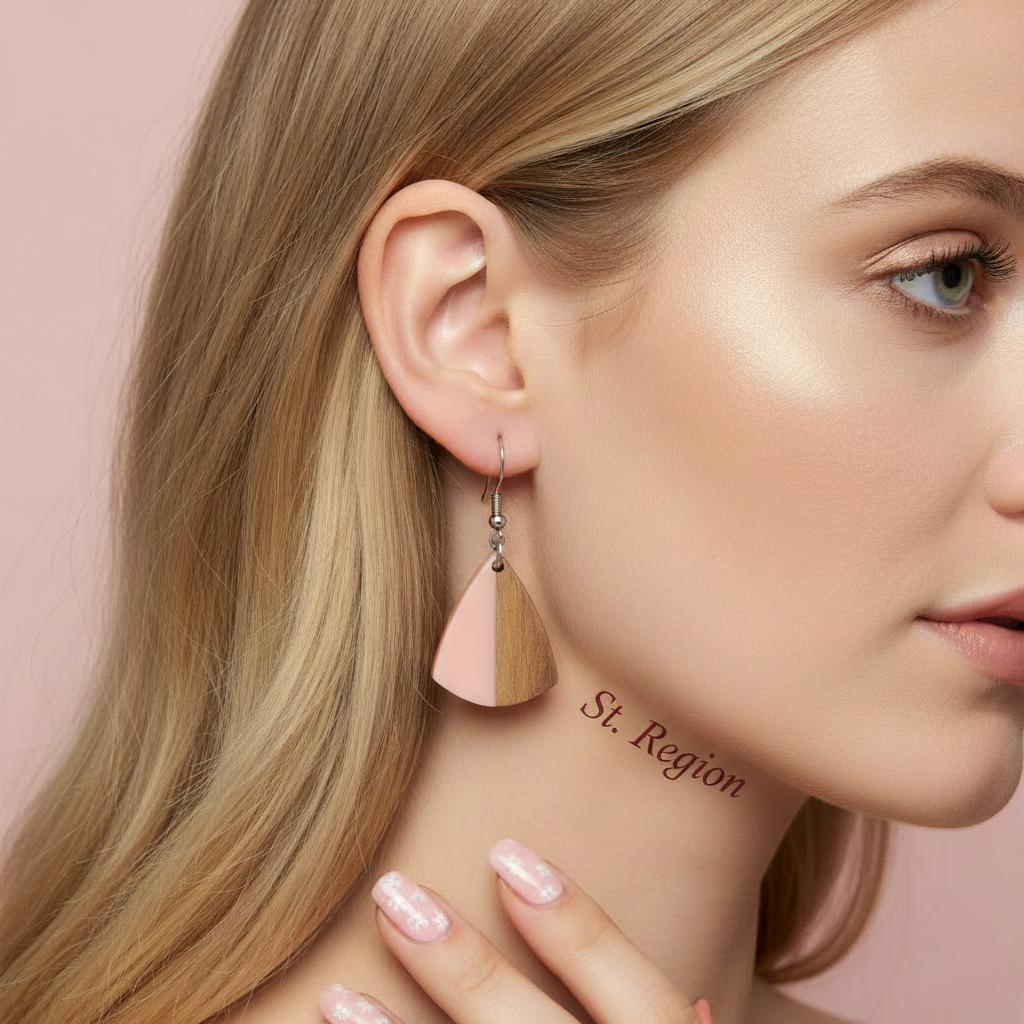 Pink Resin and Wood Silvertone Shield Hook Earrings, silver drop earrings for women, dainty minimalist design, styled look