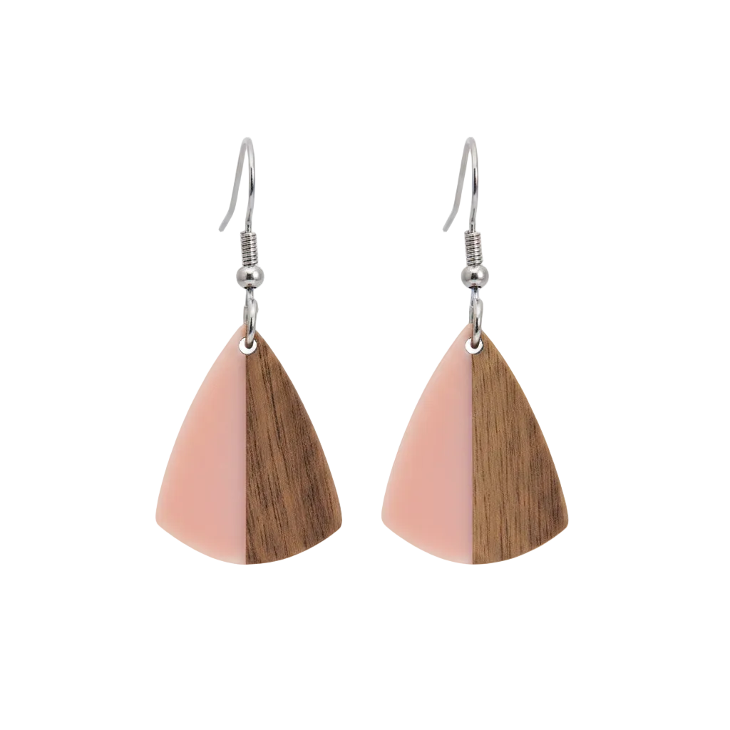 Pink Resin & Wood Silvertone Shield Hook Earrings - Street Region