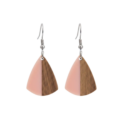 Pink Resin & Wood Silvertone Shield Hook Earrings - Street Region