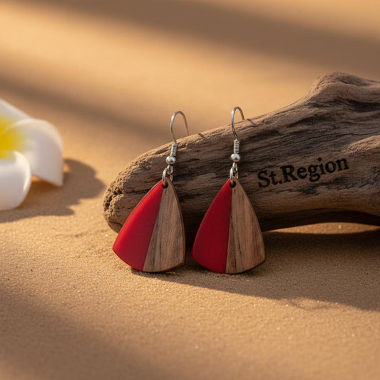 Red Resin and Wood Silvertone Shield Hook Earrings, gold drop earrings for women, vintage-inspired design, front view