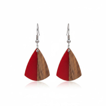Red Resin and Wood Silvertone Shield Hook Earrings, silver drop earrings for women, vintage-inspired design, side view