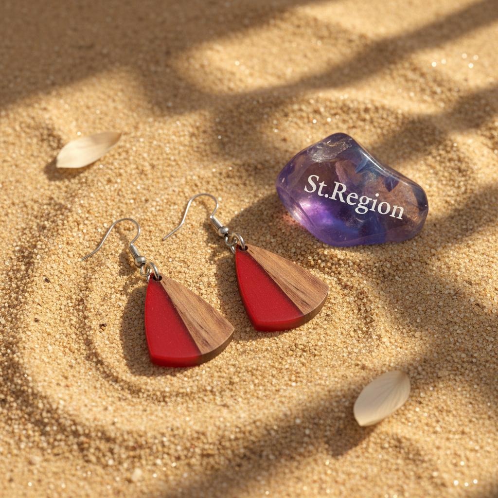 Red Resin and Wood Silvertone Shield Hook Earrings, silver drop earrings for women, vintage-inspired design, detail close-up