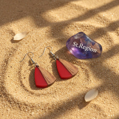Red Resin and Wood Silvertone Shield Hook Earrings, silver drop earrings for women, vintage-inspired design, detail close-up