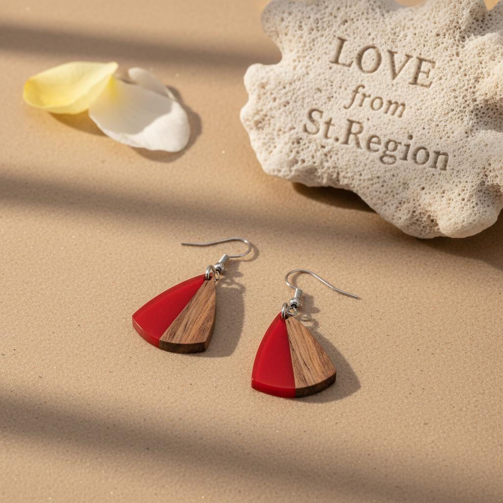 Red Resin and Wood Silvertone Shield Hook Earrings, silver drop earrings for women, vintage-inspired design, lifestyle look