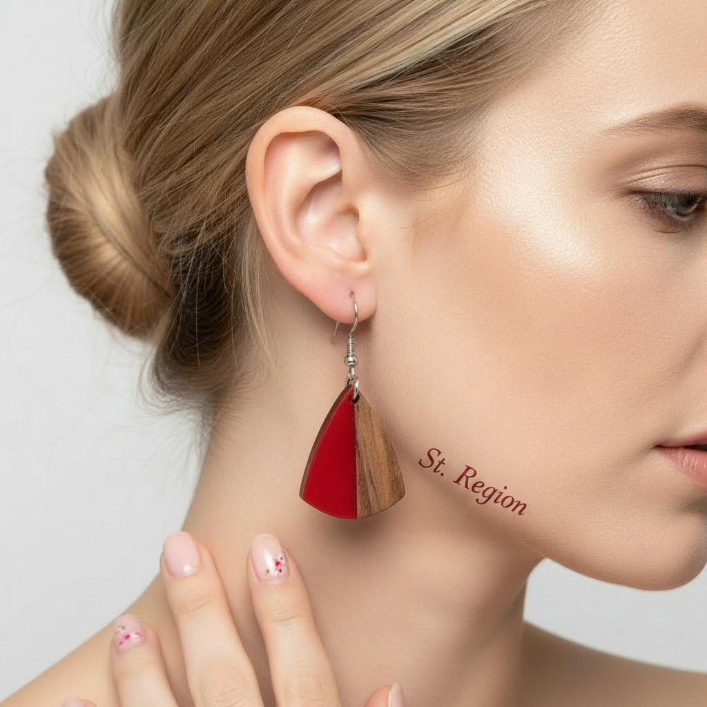 Red Resin and Wood Silvertone Shield Hook Earrings, silver drop earrings for women, vintage-inspired design, styled look