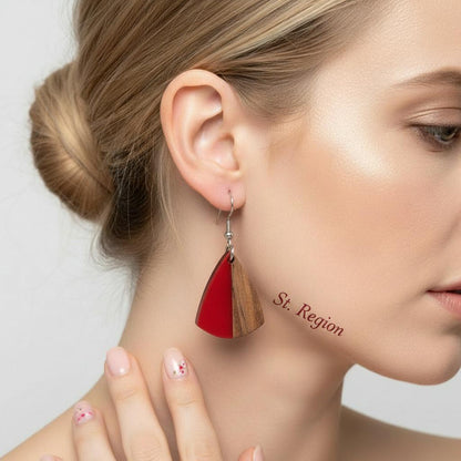 Red Resin and Wood Silvertone Shield Hook Earrings, silver drop earrings for women, vintage-inspired design, styled look