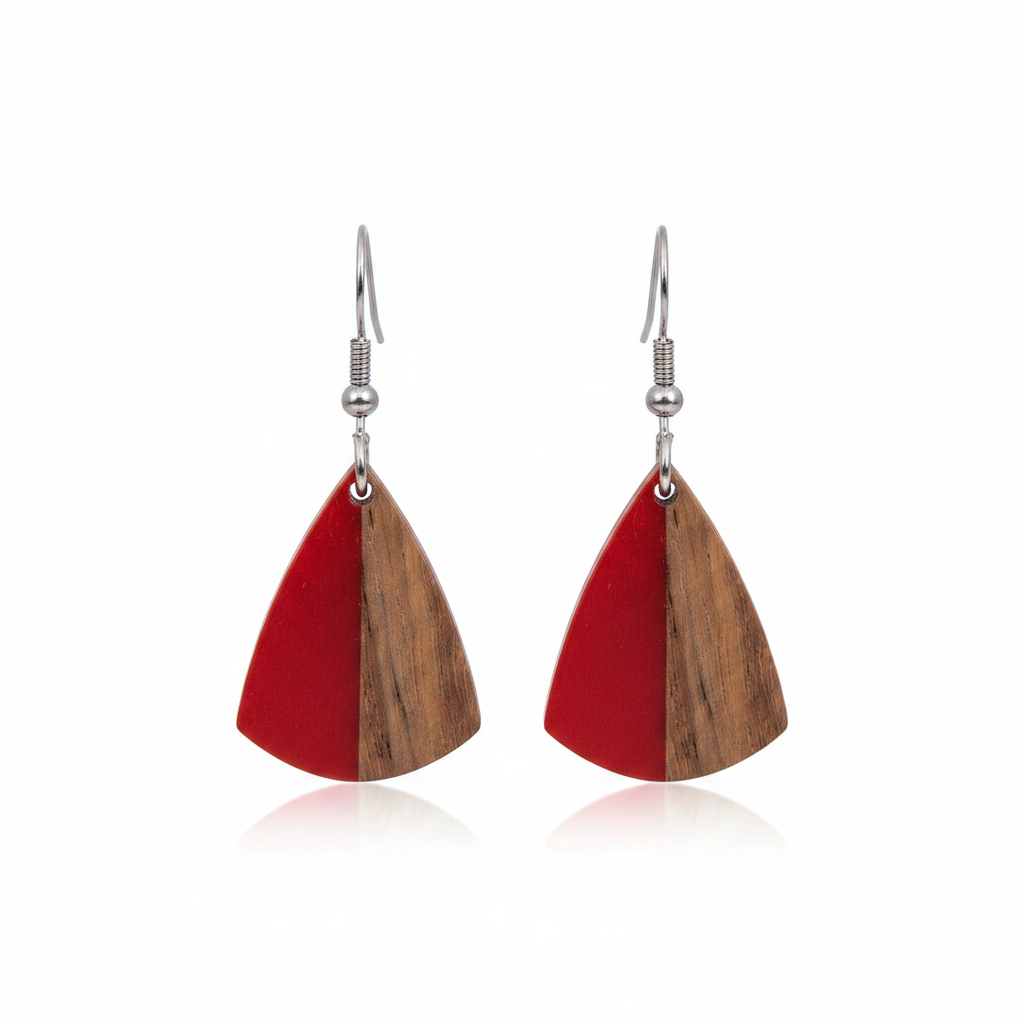 Red Resin & Wood Silvertone Shield Hook Earrings - Street Region