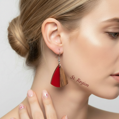 Red Resin & Wood Silvertone Shield Hook Earrings - Street Region