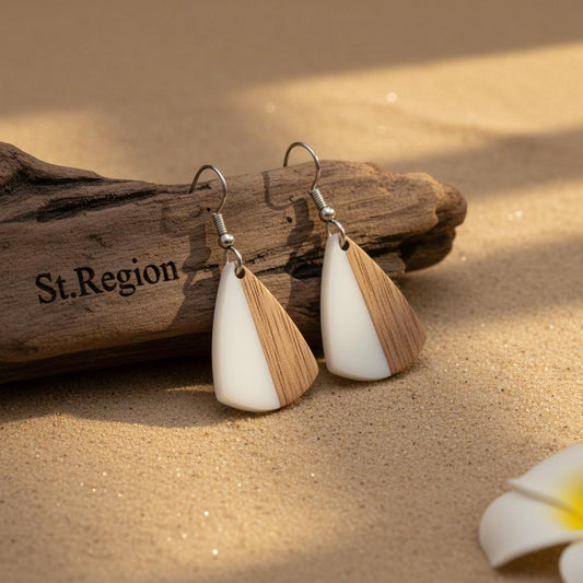 White Resin and Wood Silvertone Shield Hook Earrings, gold drop earrings for women, everyday style, front view