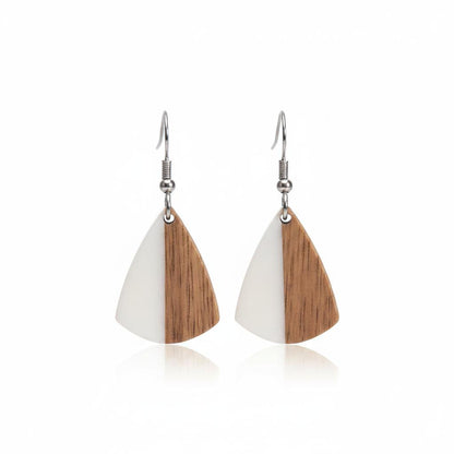 White Resin and Wood Silvertone Shield Hook Earrings, silver drop earrings for women, everyday style, side view
