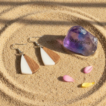 White Resin and Wood Silvertone Shield Hook Earrings, silver drop earrings for women, everyday style, detail close-up