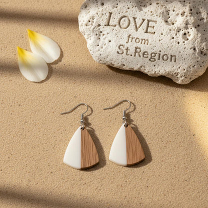 White Resin and Wood Silvertone Shield Hook Earrings, silver drop earrings for women, everyday style, lifestyle look