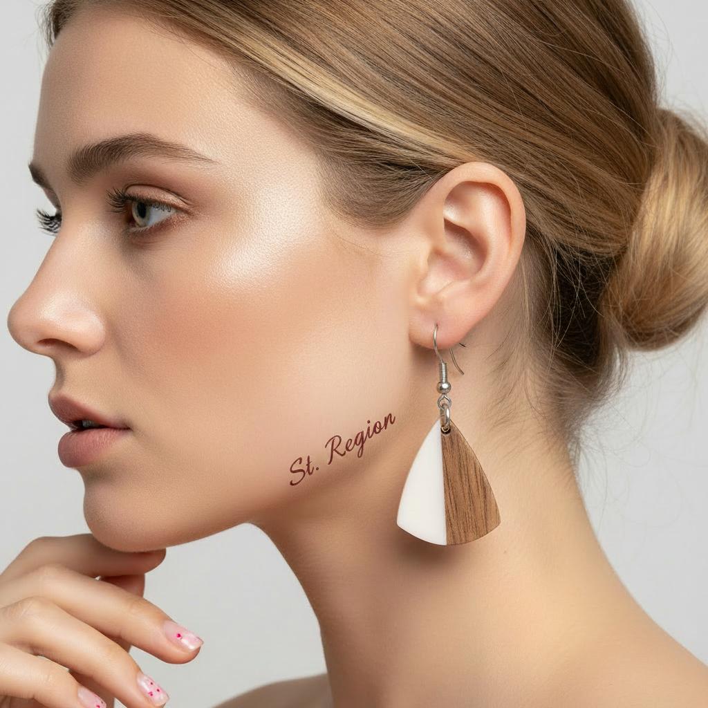 White Resin and Wood Silvertone Shield Hook Earrings, silver drop earrings for women, everyday style, styled look