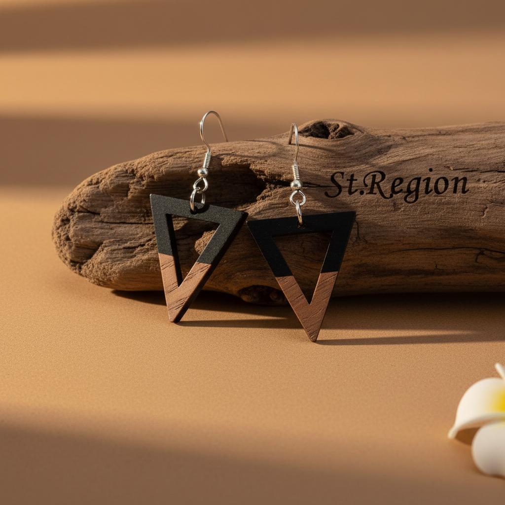 Black Resin and Wood Silvertone Open Triangle Hook Earrings, silver drop earrings for women, elegant gift for her, front view