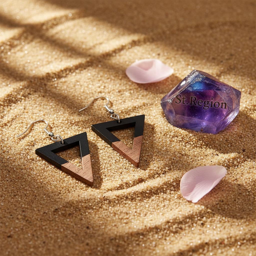 Black Resin and Wood Silvertone Open Triangle Hook Earrings, silver drop earrings for women, detail close-up