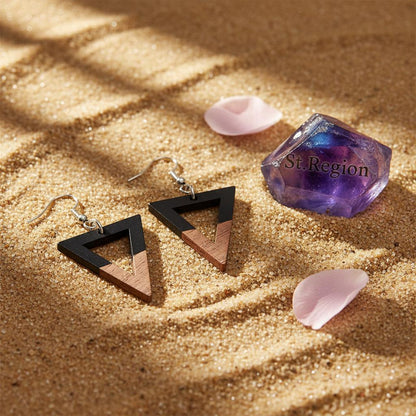 Black Resin and Wood Silvertone Open Triangle Hook Earrings, silver drop earrings for women, detail close-up