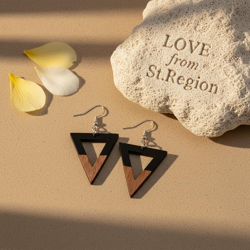 Black Resin and Wood Silvertone Open Triangle Hook Earrings, silver drop earrings for women, lifestyle look
