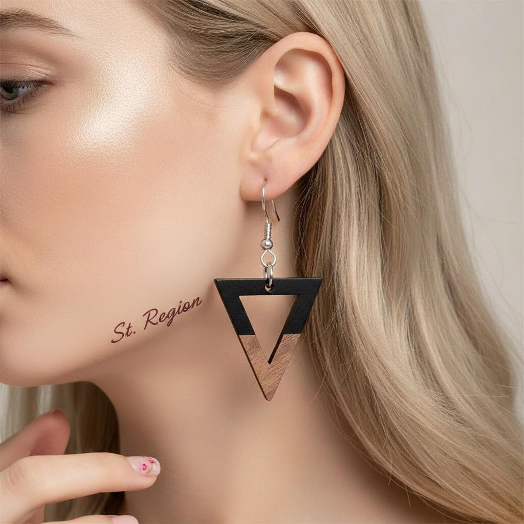 Black Resin and Wood Silvertone Open Triangle Hook Earrings, silver drop earrings for women, styled look