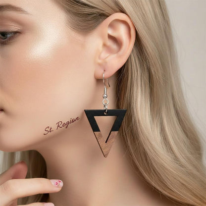 Black Resin and Wood Silvertone Open Triangle Hook Earrings, silver drop earrings for women, styled look