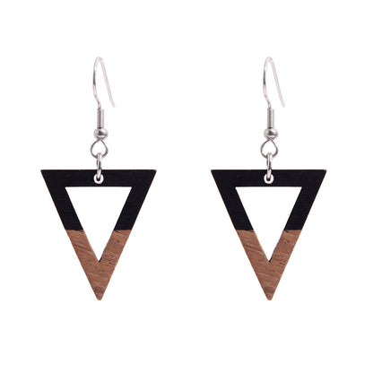 Black Resin & Wood Silvertone Open Triangle Hook Earrings - Street Region