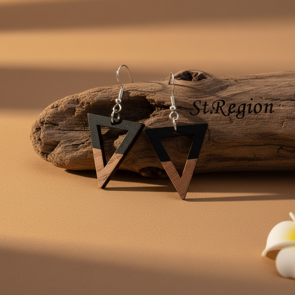 Black Resin & Wood Silvertone Open Triangle Hook Earrings - Street Region