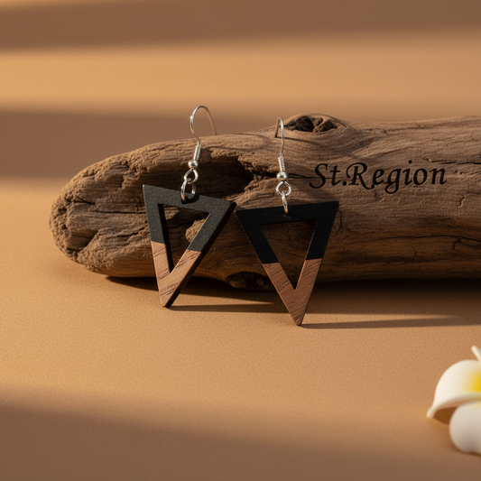 Black Resin & Wood Silvertone Open Triangle Hook Earrings - Street Region
