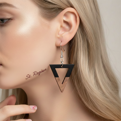 Black Resin & Wood Silvertone Open Triangle Hook Earrings - Street Region