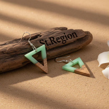 Green Resin and Wood Silvertone Open Triangle Hook Earrings, silver drop earrings for women, botanical inspired, front view