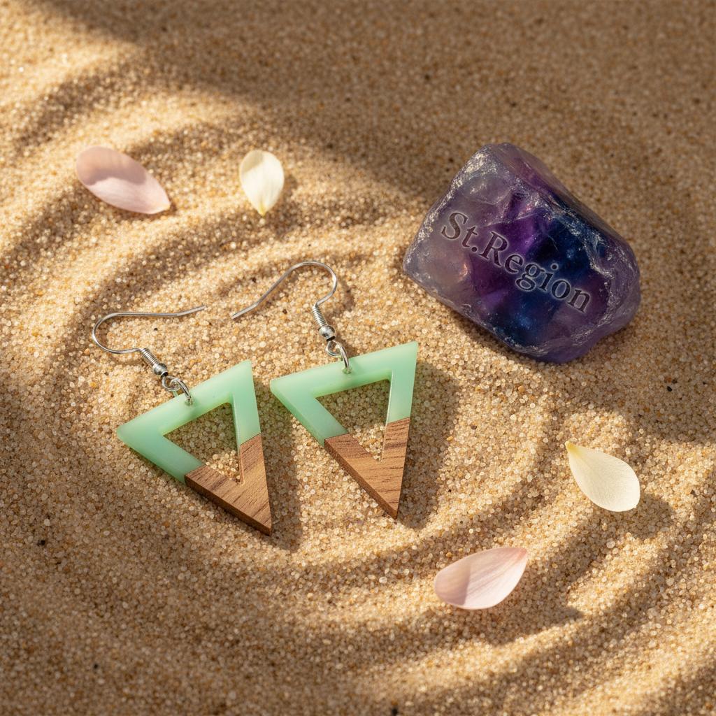 Green Resin and Wood Silvertone Open Triangle Hook Earrings, silver drop earrings for women, detail close-up