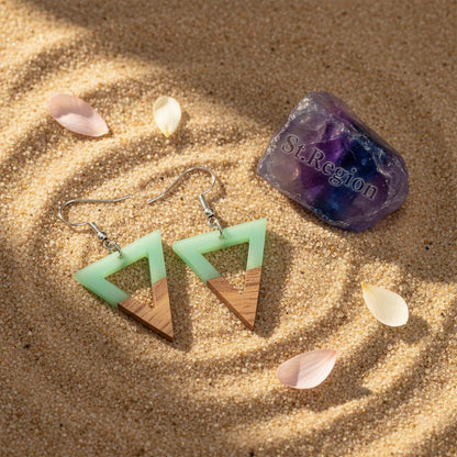 Green Resin and Wood Silvertone Open Triangle Hook Earrings, silver drop earrings for women, detail close-up