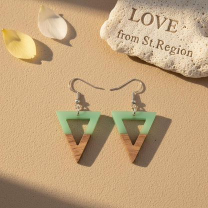 Green Resin and Wood Silvertone Open Triangle Hook Earrings, silver drop earrings for women, lifestyle look