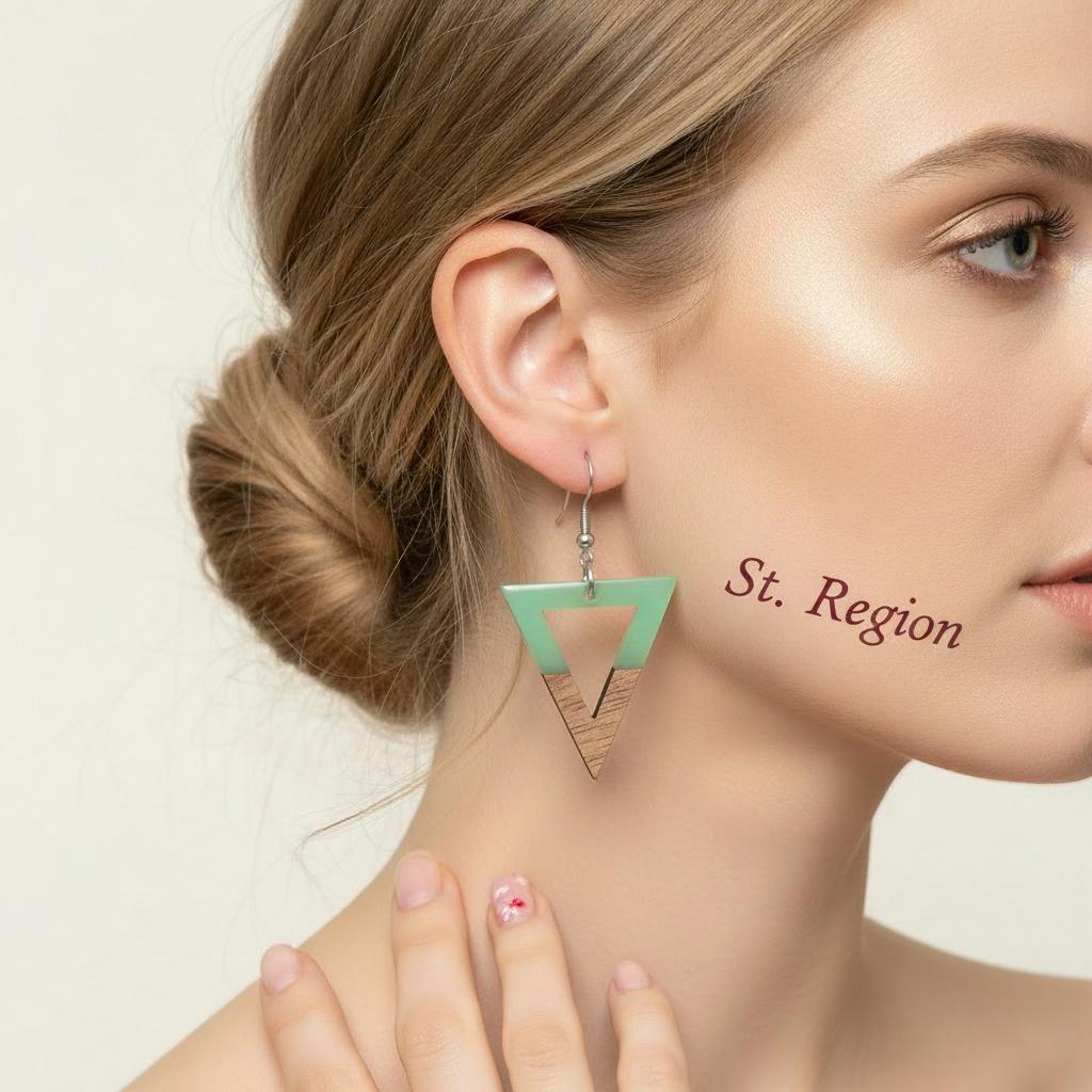 Green Resin and Wood Silvertone Open Triangle Hook Earrings, silver drop earrings for women, botanical inspired, styled look