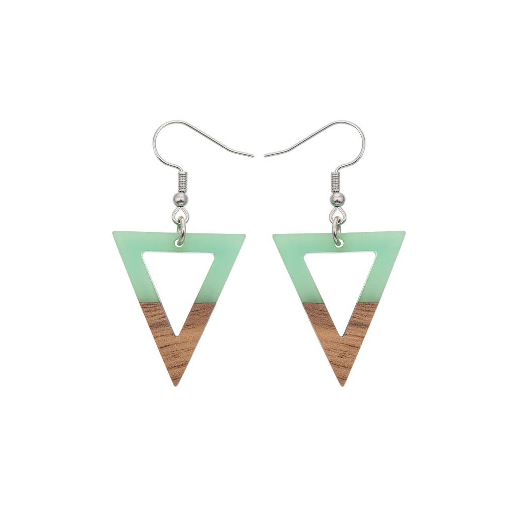 Green Resin & Wood Silvertone Open Triangle Hook Earrings - Street Region