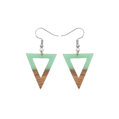 Green Resin & Wood Silvertone Open Triangle Hook Earrings - Street Region