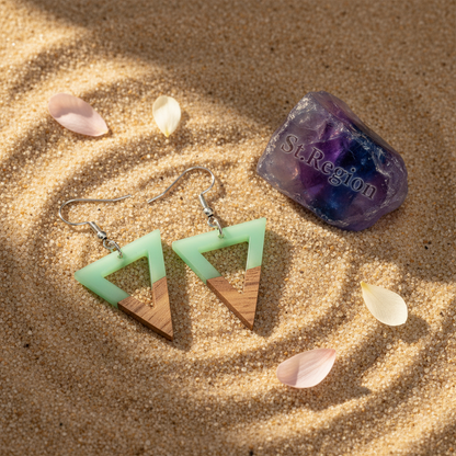 Green Resin & Wood Silvertone Open Triangle Hook Earrings - Street Region