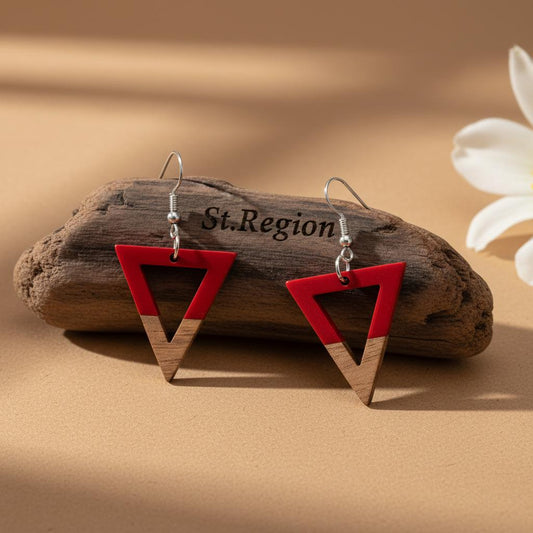 Red Resin and Wood Silvertone Open Triangle Hook Earrings, gold drop earrings for women, elegant gift for her, front view