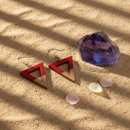 Red Resin and Wood Silvertone Open Triangle Hook Earrings, silver drop earrings for women, detail close-up