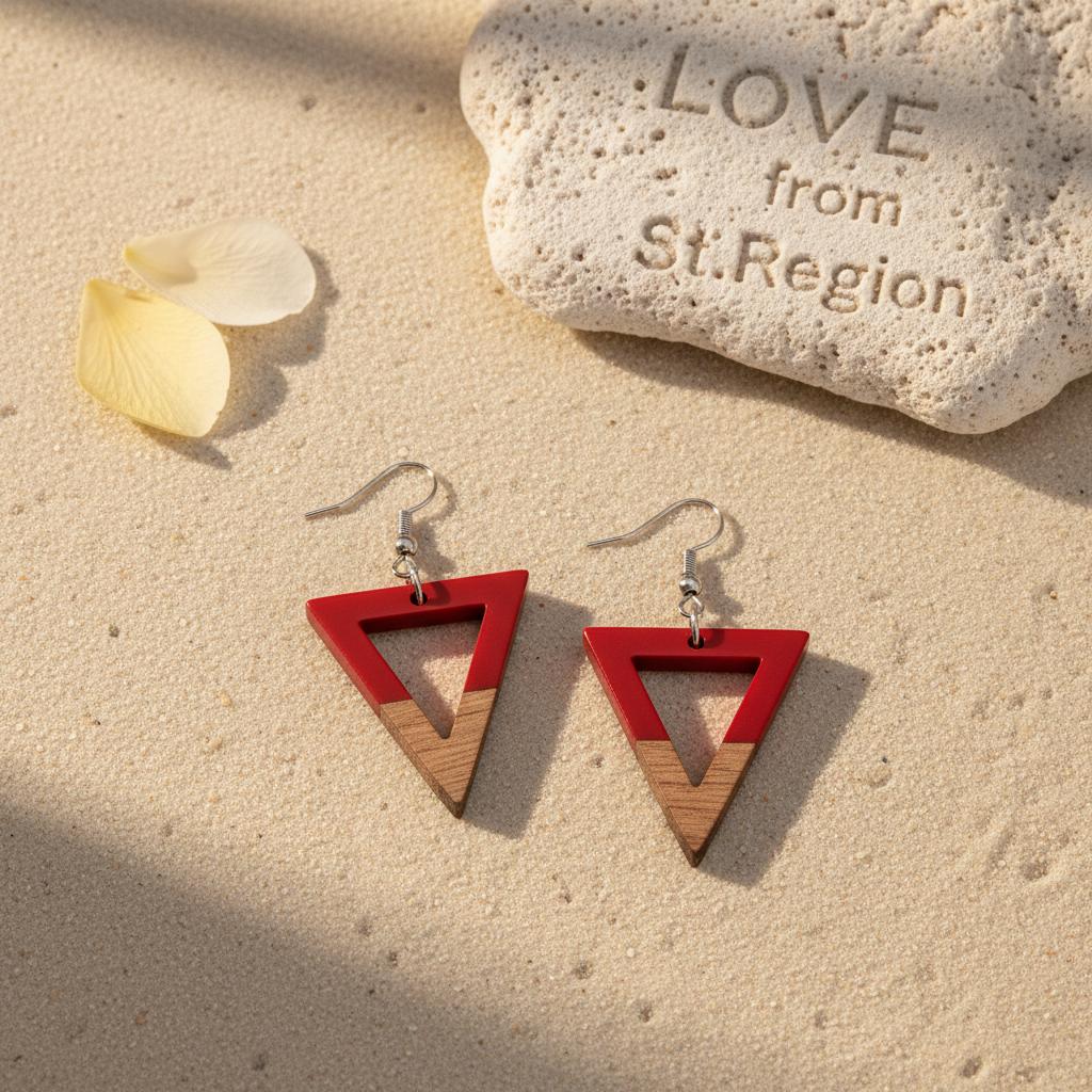Red Resin and Wood Silvertone Open Triangle Hook Earrings, silver drop earrings for women, lifestyle look