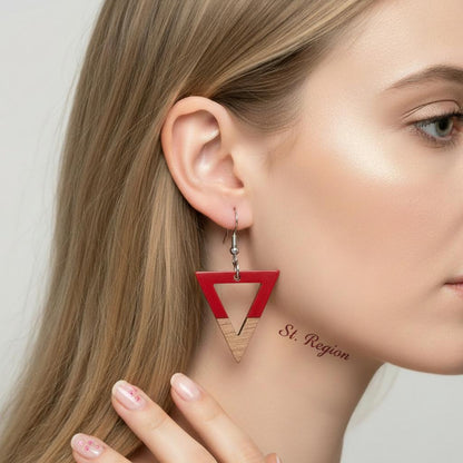 Red Resin and Wood Silvertone Open Triangle Hook Earrings, silver drop earrings for women, elegant gift for her, styled look