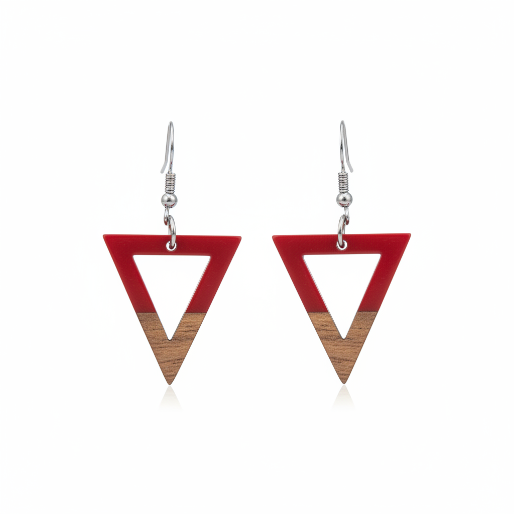 Red Resin & Wood Silvertone Open Triangle Hook Earrings - Street Region