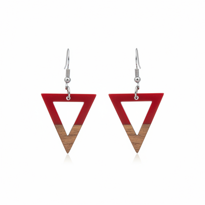 Red Resin & Wood Silvertone Open Triangle Hook Earrings - Street Region