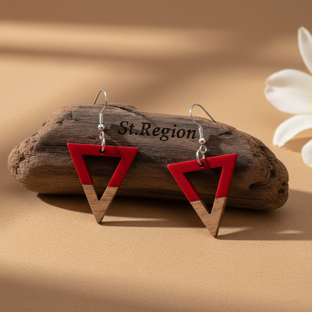 Red Resin & Wood Silvertone Open Triangle Hook Earrings - Street Region