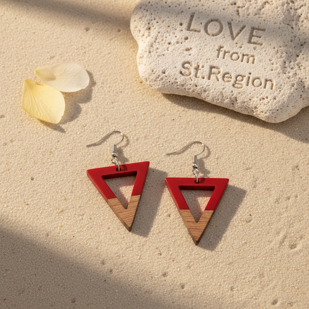 Red Resin & Wood Silvertone Open Triangle Hook Earrings - Street Region