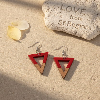 Red Resin & Wood Silvertone Open Triangle Hook Earrings - Street Region