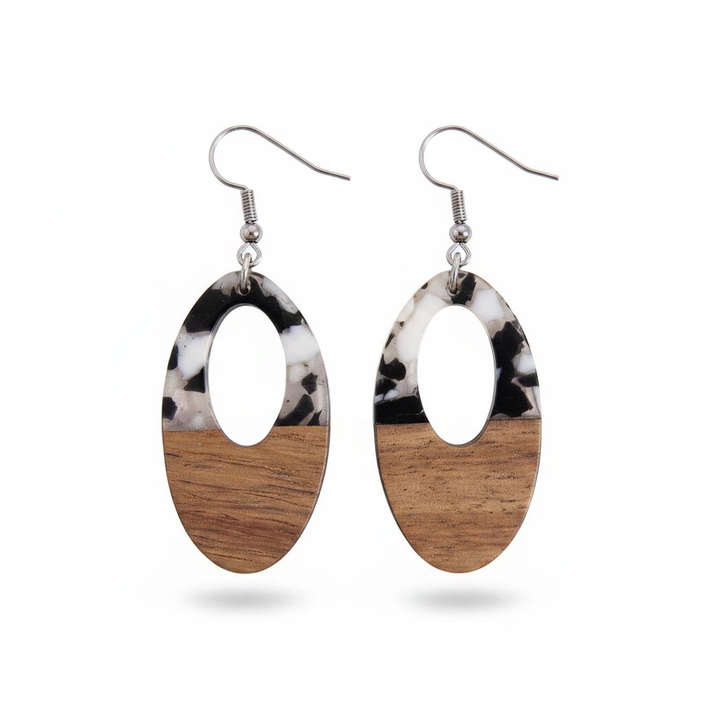 Black Resin and Wood Silvertone Open Oval Hook Earrings, silver drop earrings for women, everyday style, side view