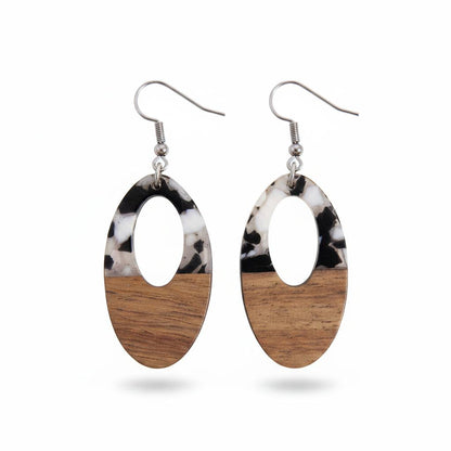 Black Resin and Wood Silvertone Open Oval Hook Earrings, silver drop earrings for women, everyday style, side view