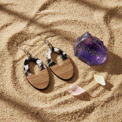 Black Resin and Wood Silvertone Open Oval Hook Earrings, silver drop earrings for women, everyday style, detail close-up