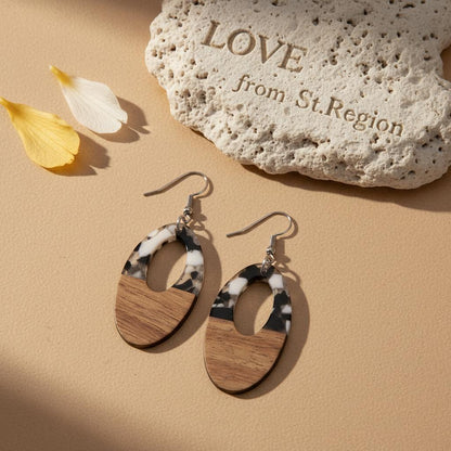 Black Resin and Wood Silvertone Open Oval Hook Earrings, silver drop earrings for women, everyday style, lifestyle look