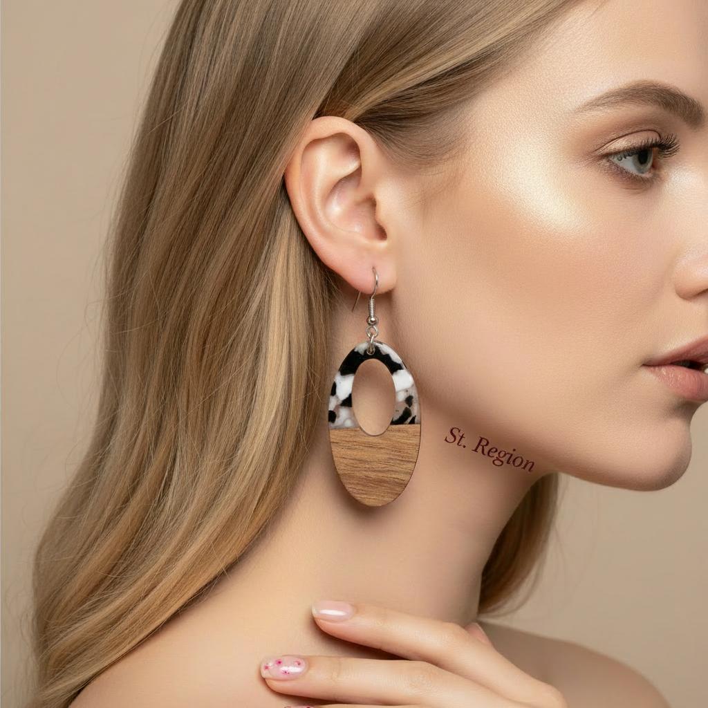 Black Resin and Wood Silvertone Open Oval Hook Earrings, silver drop earrings for women, everyday style, styled look