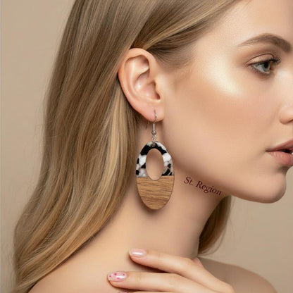 Black Resin and Wood Silvertone Open Oval Hook Earrings, silver drop earrings for women, everyday style, styled look